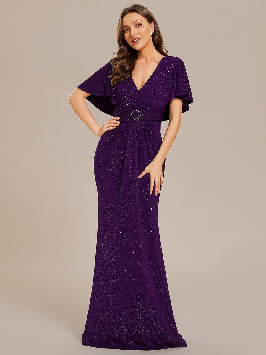 Robe de soirée moulante à col en V et manches chauve-souris plissées scintillantes #Couleur_ #Couleur_Violet Fonce