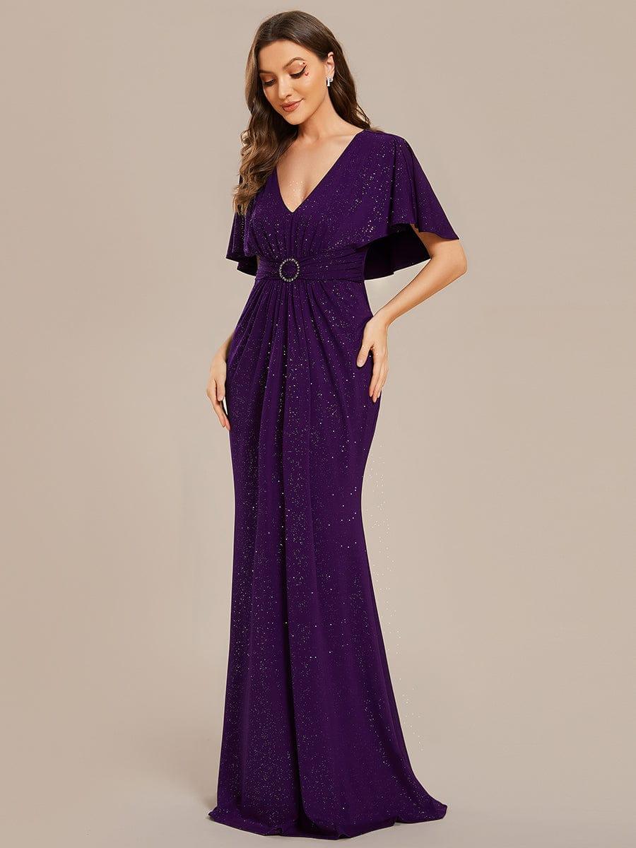 Robe de soirée moulante à col en V et manches chauve-souris plissées scintillantes #Couleur_ #Couleur_Violet Fonce