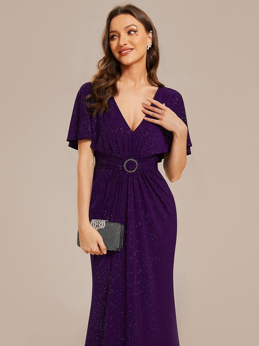 Robe de soirée moulante à col en V et manches chauve-souris plissées scintillantes #Couleur_ #Couleur_Violet Fonce