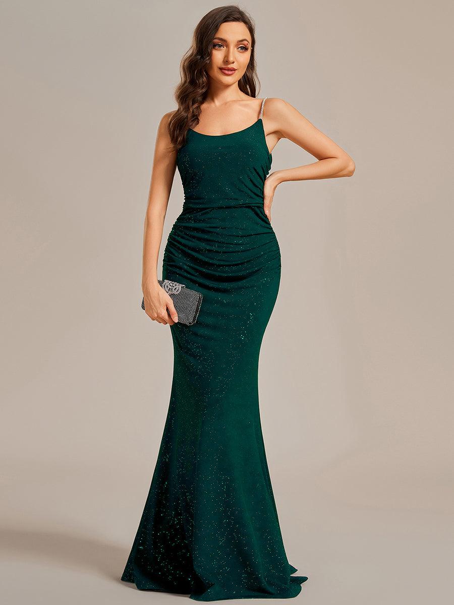 Robe de soirée moulante à paillettes scintillantes bretelles spaghetti dos ouvert#Couleur_Vert Fonce
