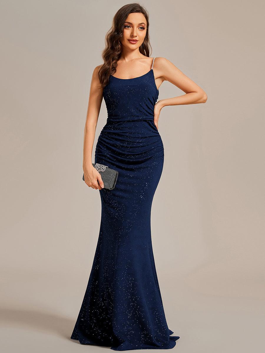 Robe de soirée moulante à paillettes scintillantes bretelles spaghetti dos ouvert#Couleur_Bleu Marine