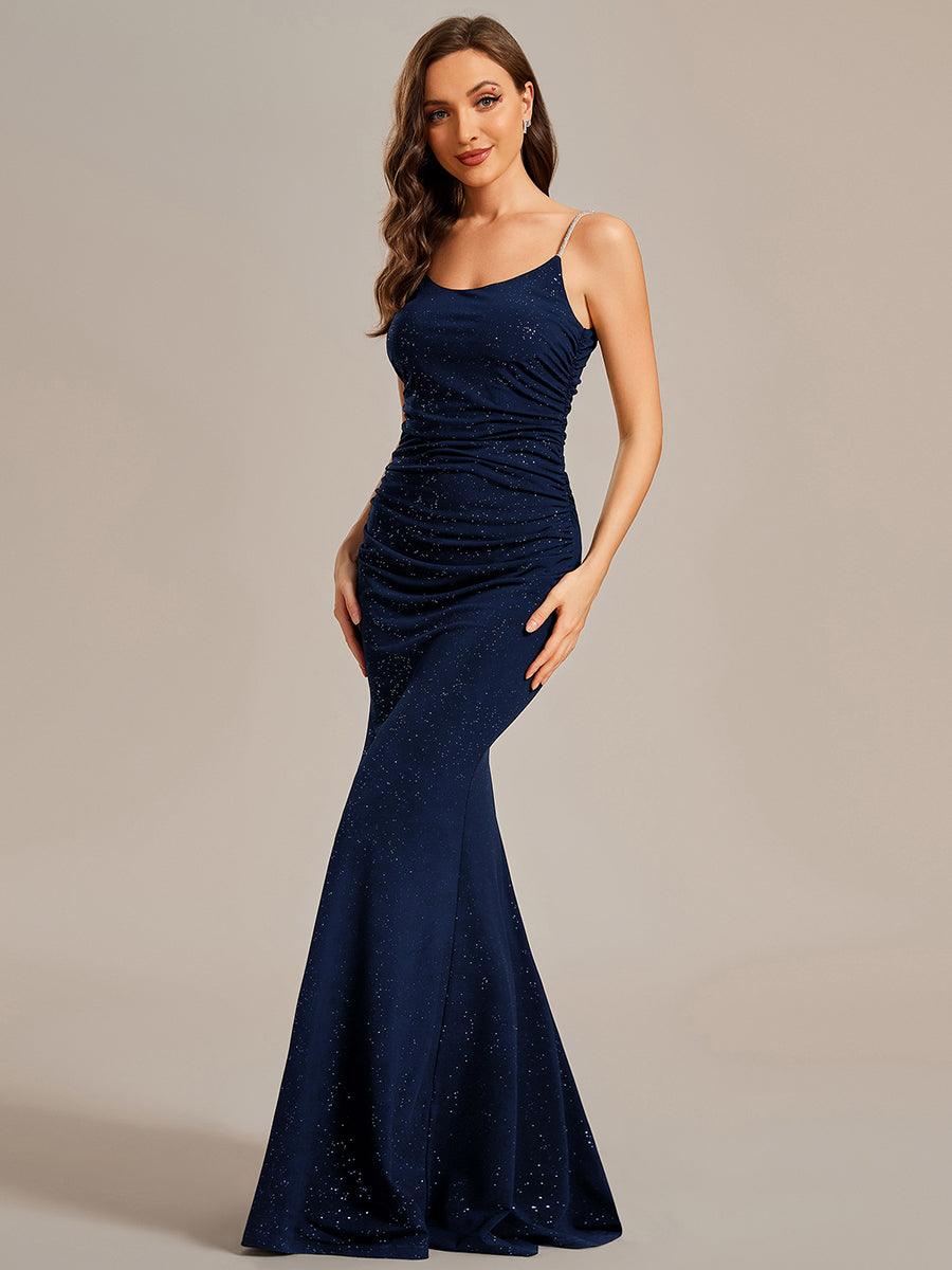 Robe de soirée moulante à paillettes scintillantes bretelles spaghetti dos ouvert#Couleur_Bleu Marine