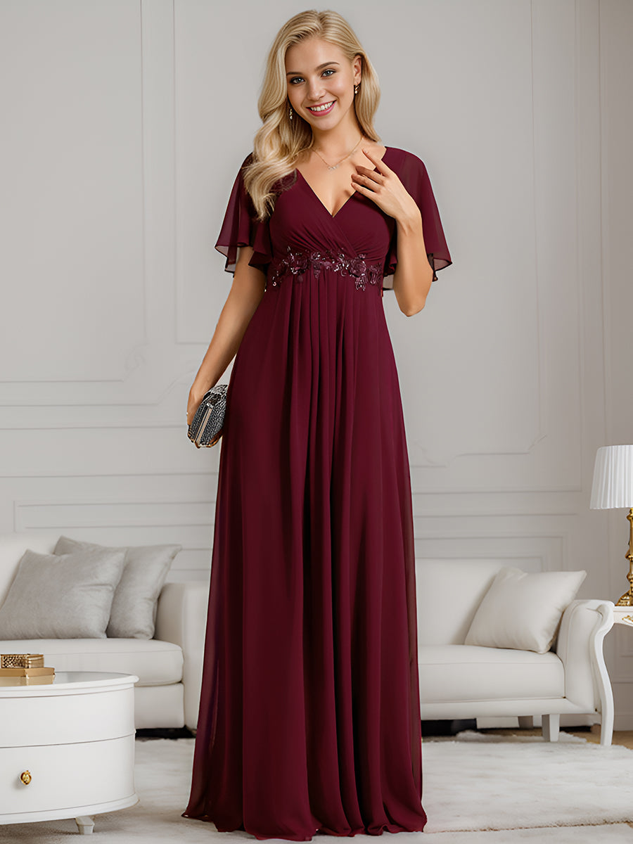 Robe de soirée élégante en mousseline de soie avec manches flottantes#Couleur_Bordeaux