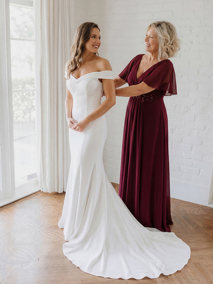 Robe de soirée élégante en mousseline de soie avec manches flottantes#Couleur_Bordeaux