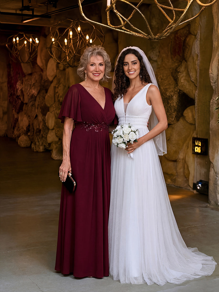 Robe de soirée élégante en mousseline de soie avec manches flottantes#Couleur_Bordeaux
