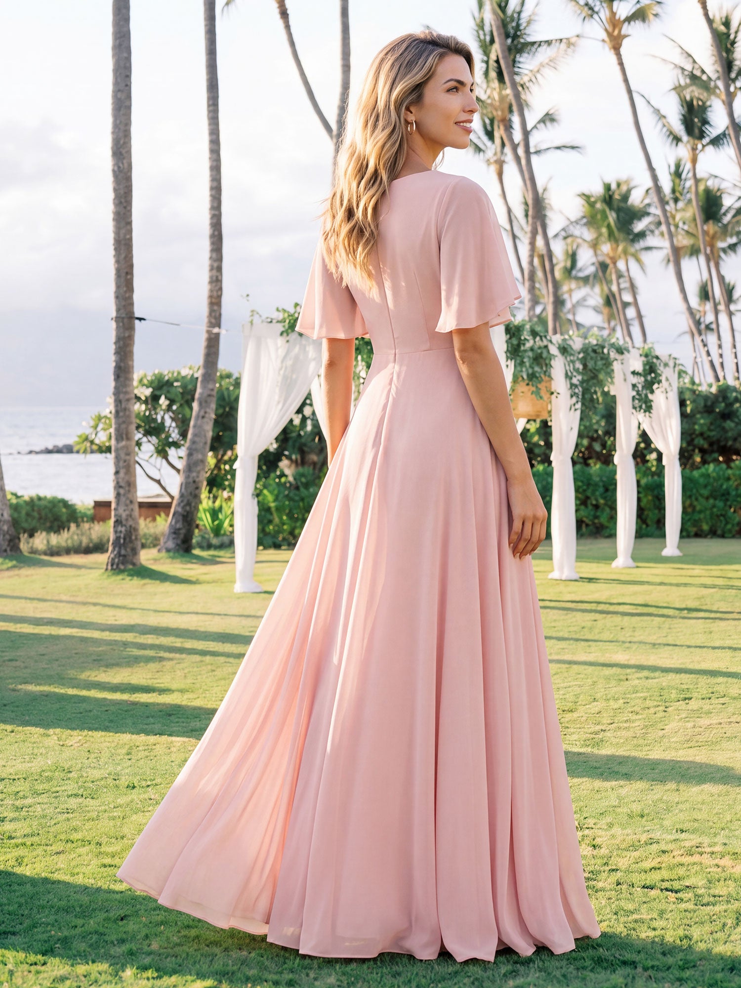 Robe de soirée élégante en mousseline de soie avec manches flottantes#Couleur_Rose