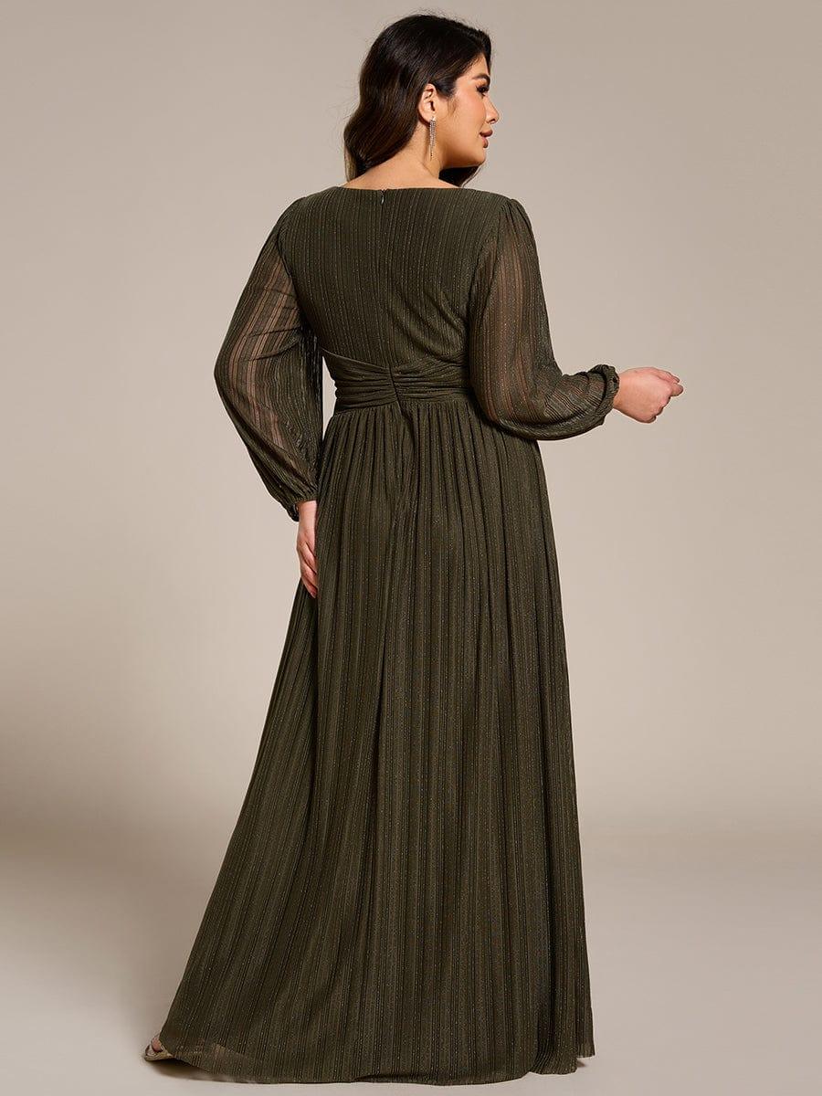 Robe de soirée trapèze à manches longues et taille empire scintillante #Couleur_Vert Olive
