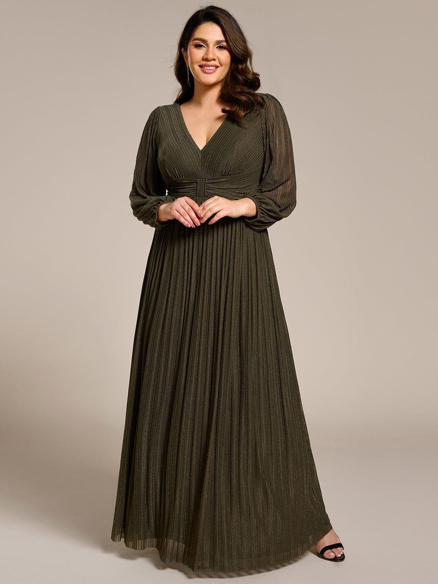 Robe de soirée trapèze à manches longues et taille empire scintillante #Couleur_Vert Olive