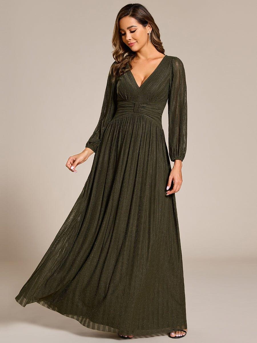 Robe de soirée trapèze à manches longues et taille empire scintillante #Couleur_Vert Olive