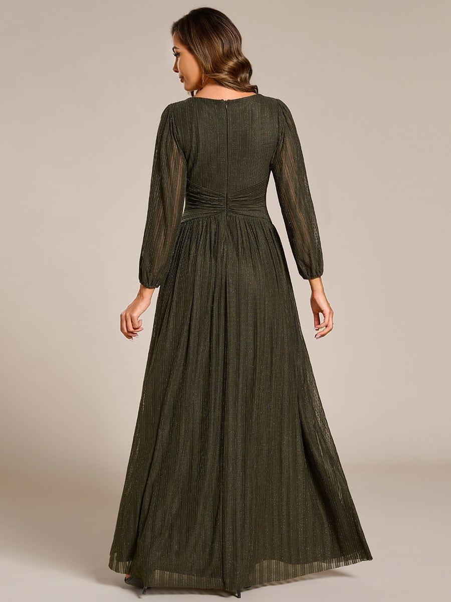 Robe de soirée trapèze à manches longues et taille empire scintillante #Couleur_Vert Olive