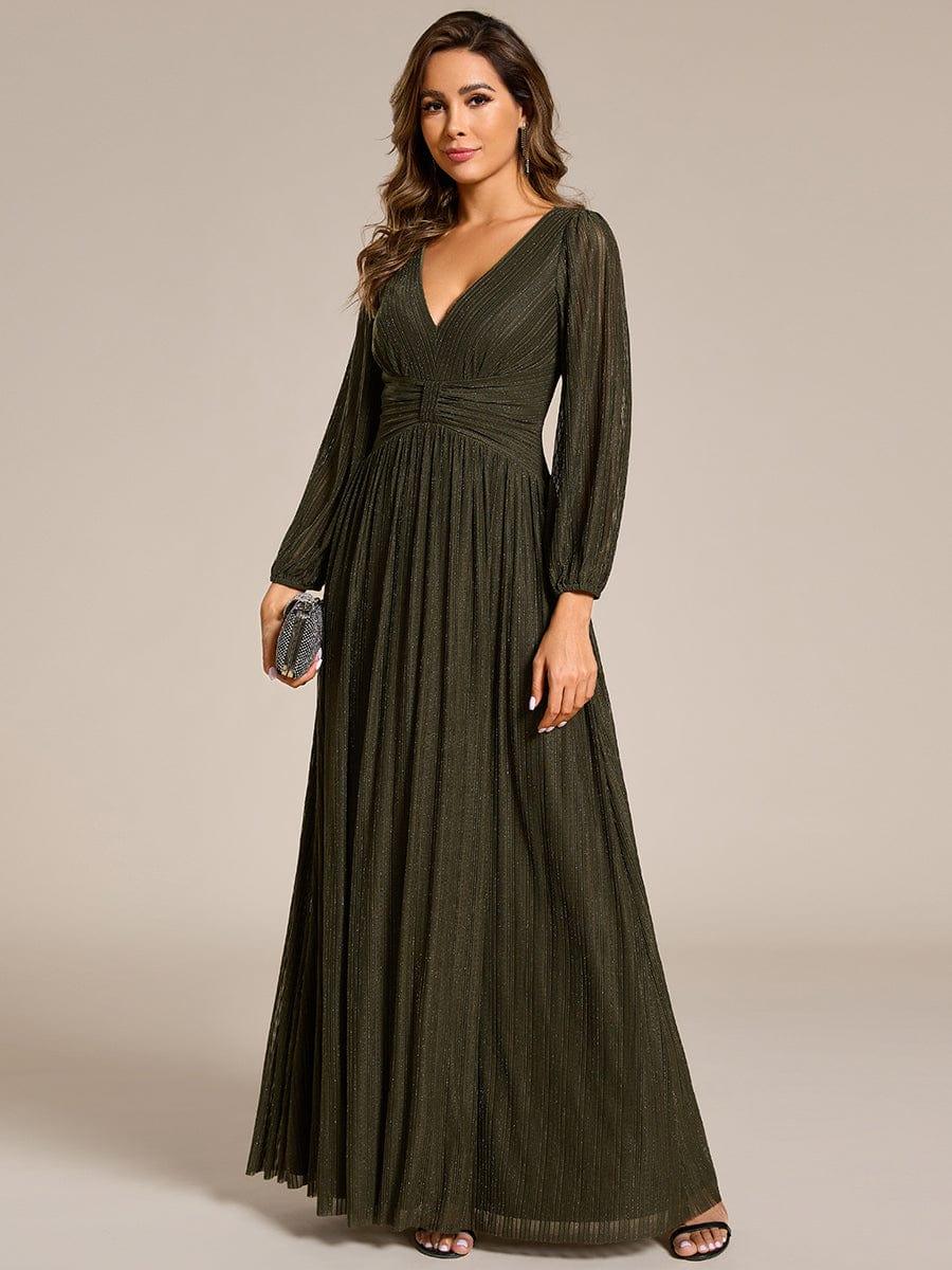 Robe de soirée trapèze à manches longues et taille empire scintillante #Couleur_Vert Olive