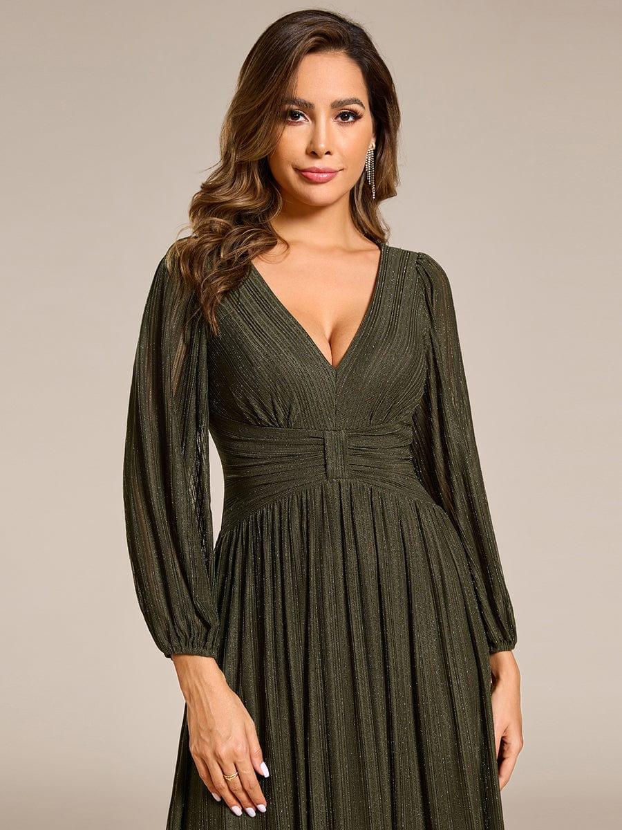 Robe de soirée trapèze à manches longues et taille empire scintillante #Couleur_Vert Olive