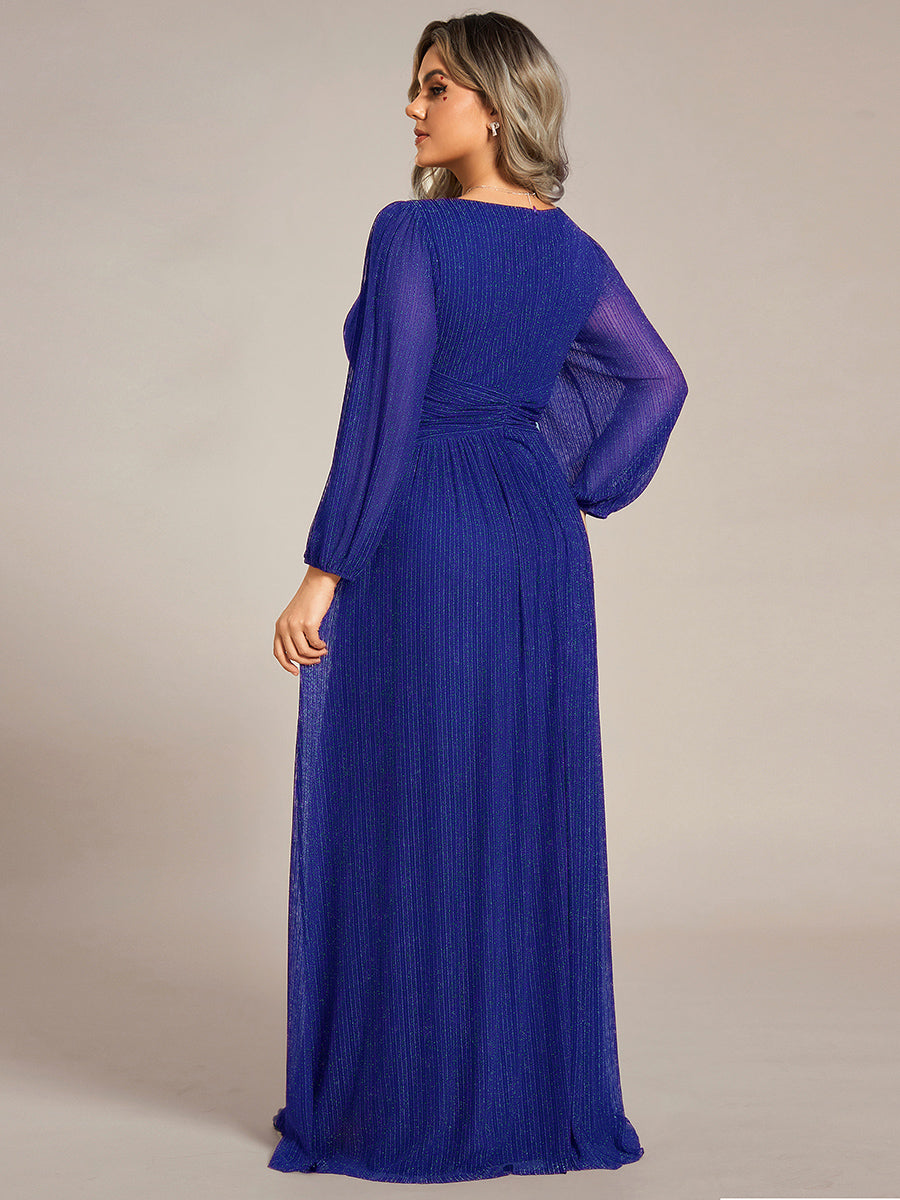 Robe de soirée trapèze à manches longues et taille empire scintillante #Couleur_Bleu Saphir