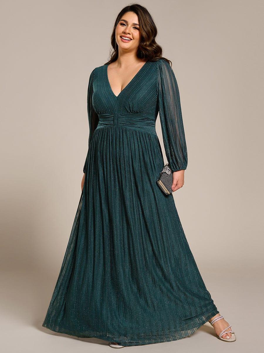 Robe de soirée trapèze à manches longues et taille empire scintillante #Couleur_Bleu Sarcelle
