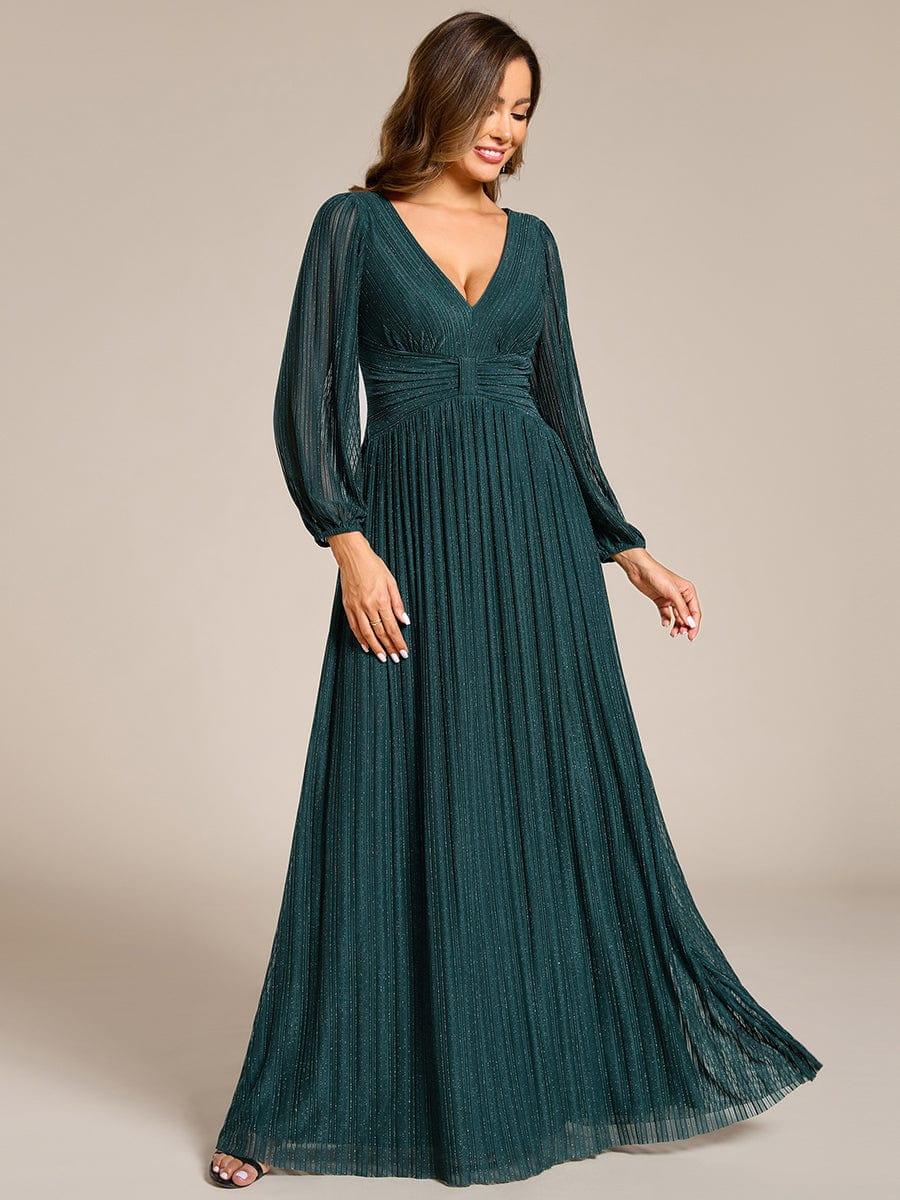Robe de soirée trapèze à manches longues et taille empire scintillante #Couleur_Bleu Sarcelle