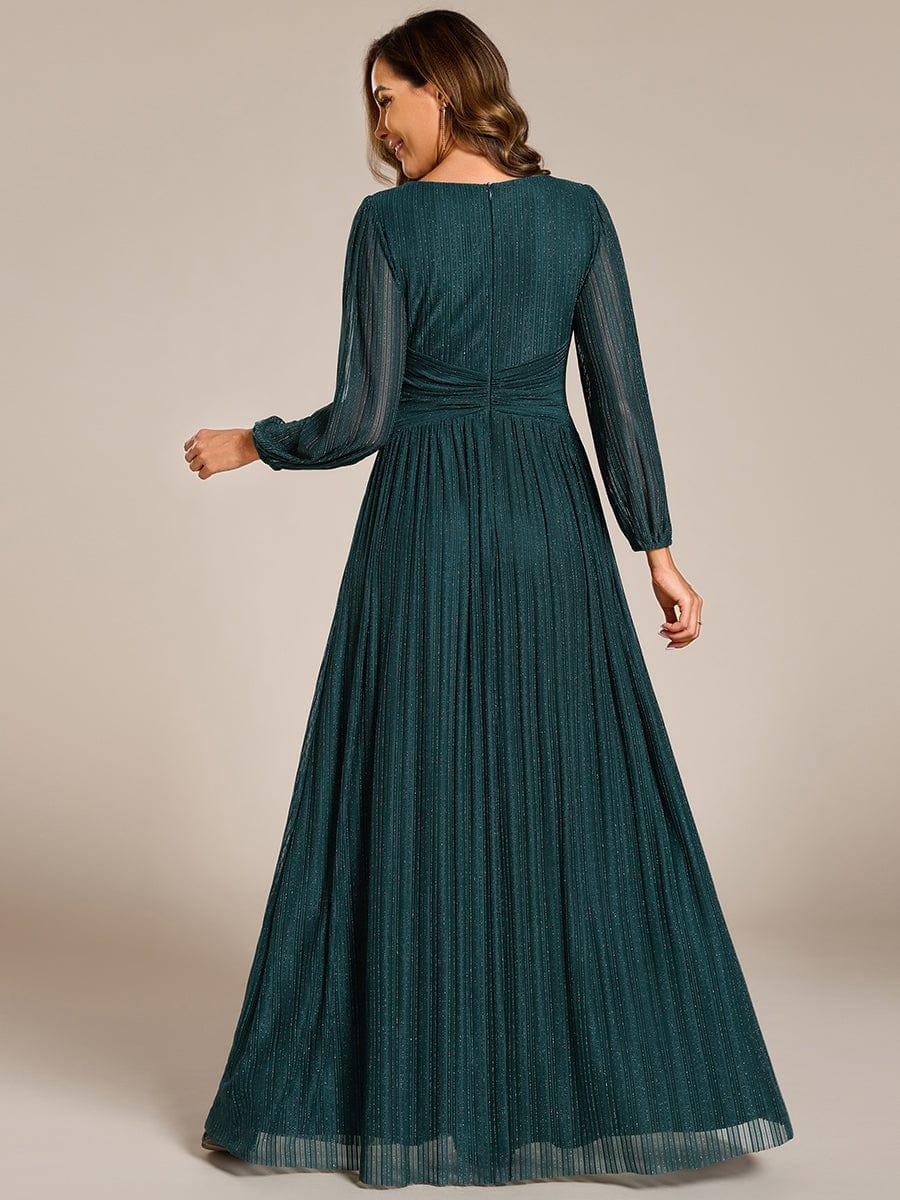 Robe de soirée trapèze à manches longues et taille empire scintillante #Couleur_Bleu Sarcelle