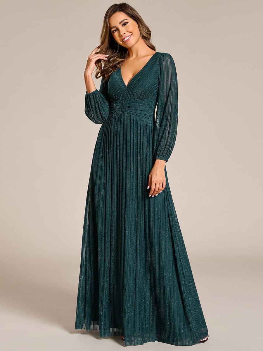 Robe de soirée trapèze à manches longues et taille empire scintillante #Couleur_Bleu Sarcelle