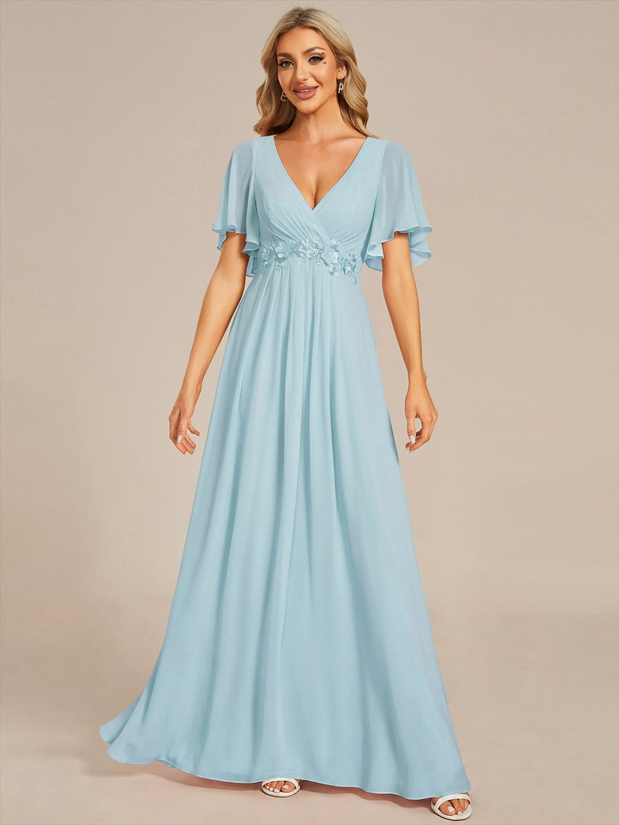 Robe de soirée élégante en mousseline de soie avec manches flottantes#Couleur_Bleu Ciel