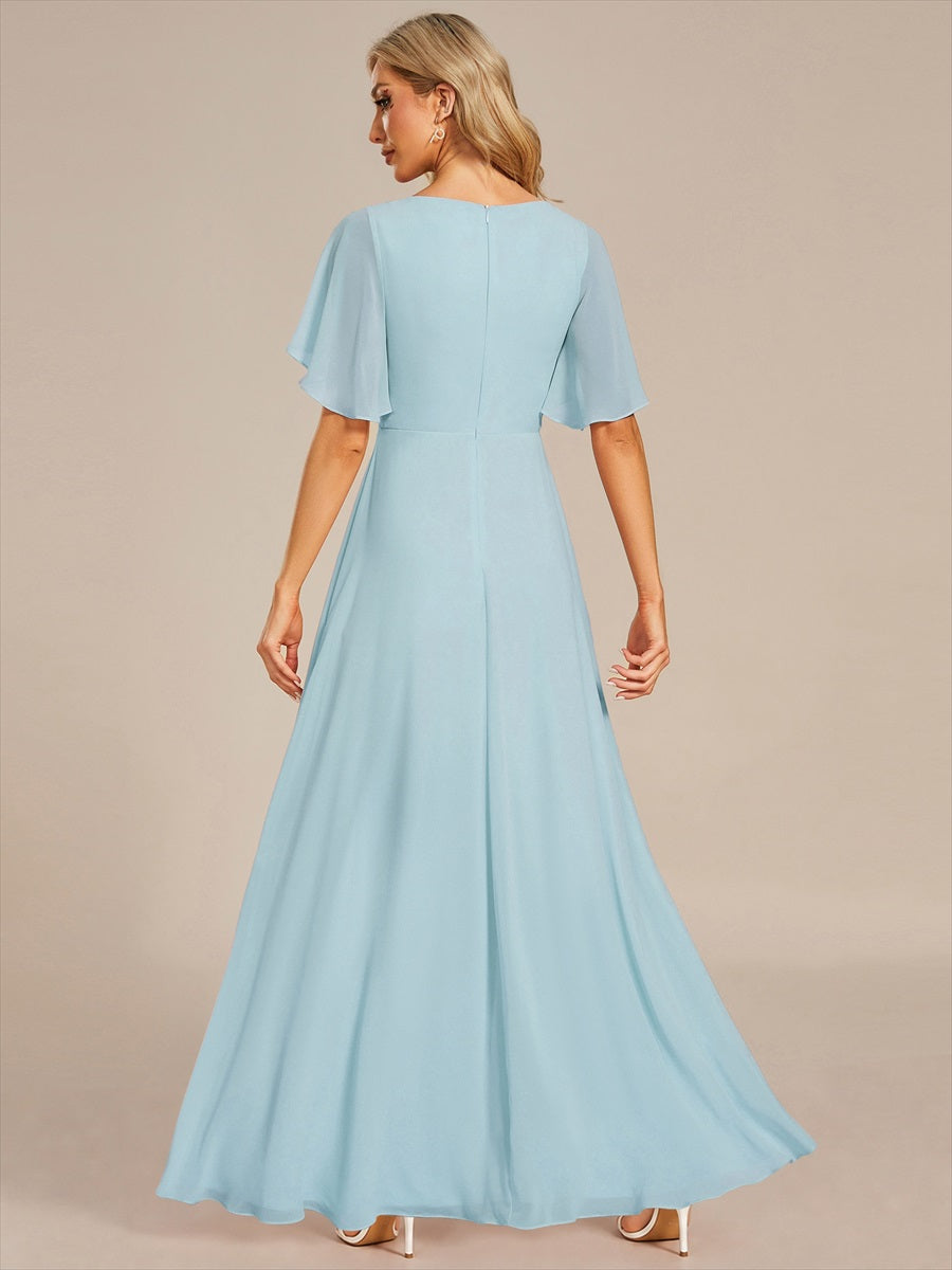 Robe de soirée élégante en mousseline de soie avec manches flottantes#Couleur_Bleu Ciel