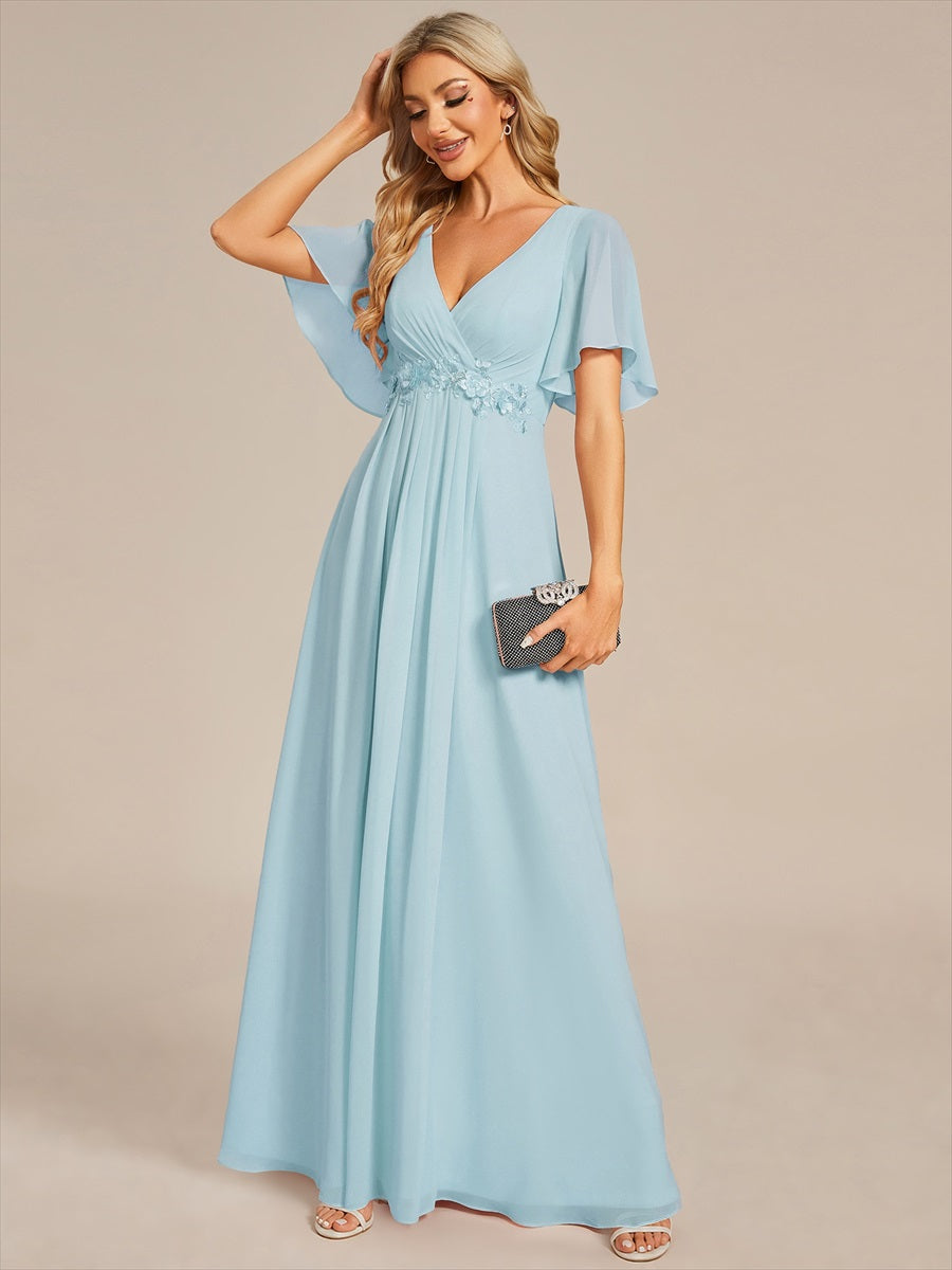 Robe de soirée élégante en mousseline de soie avec manches flottantes#Couleur_Bleu Ciel