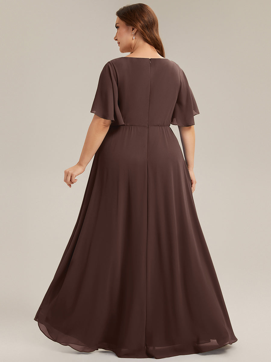 Robe longue à manches à volants décolleté en V profond avec appliques coupe évasée #Couleur_Marron chocolat