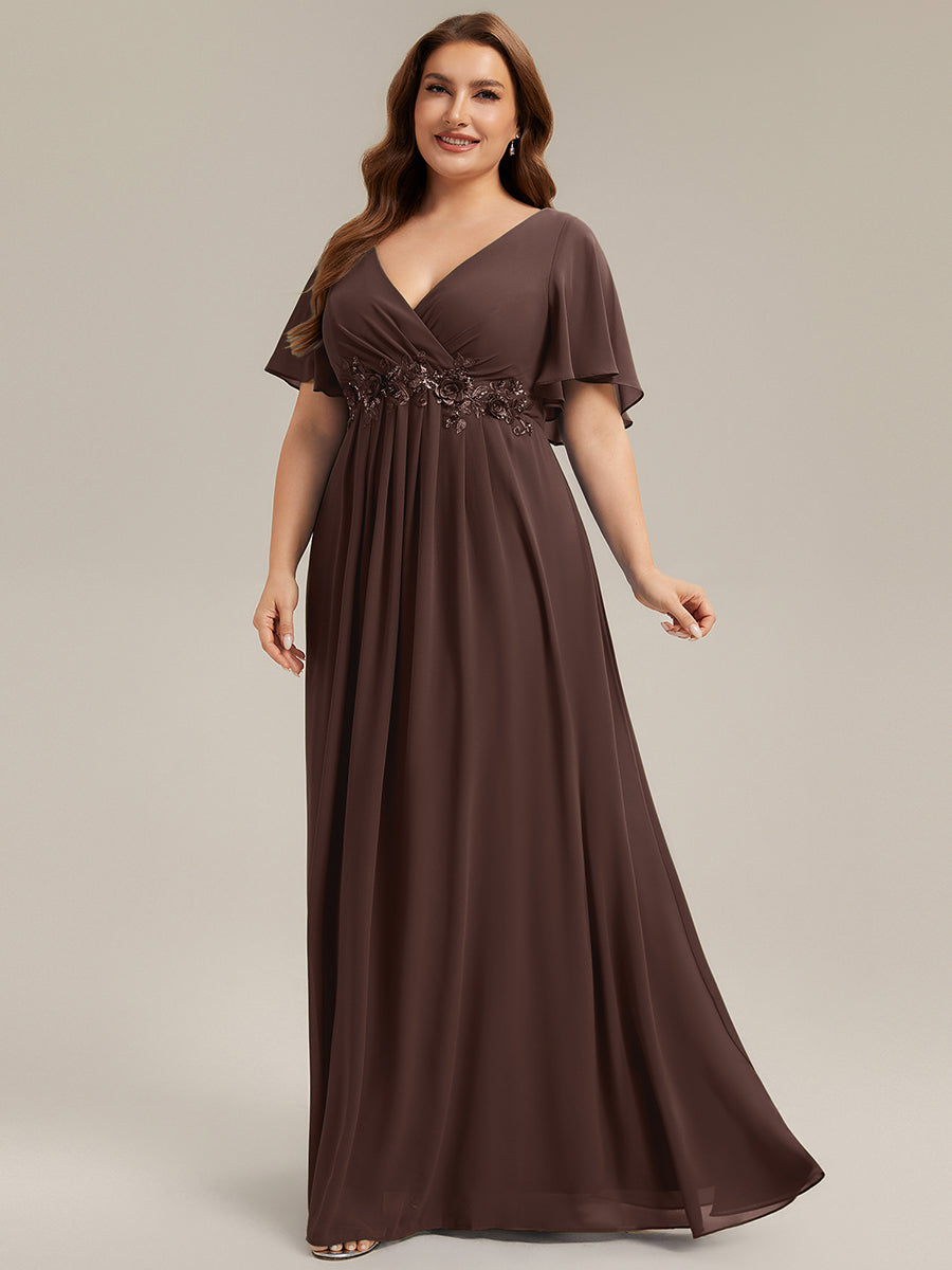 Robe longue à manches à volants décolleté en V profond avec appliques coupe évasée #Couleur_Marron chocolat