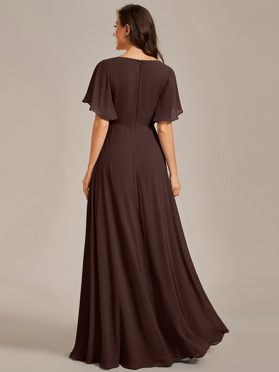 Robe longue à manches à volants décolleté en V profond avec appliques coupe évasée #Couleur_Marron chocolat