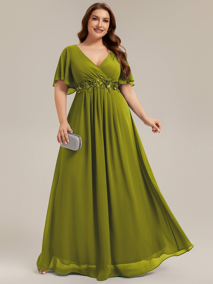 Robe longue à manches à volants décolleté en V profond avec appliques coupe évasée #Couleur_Citron
