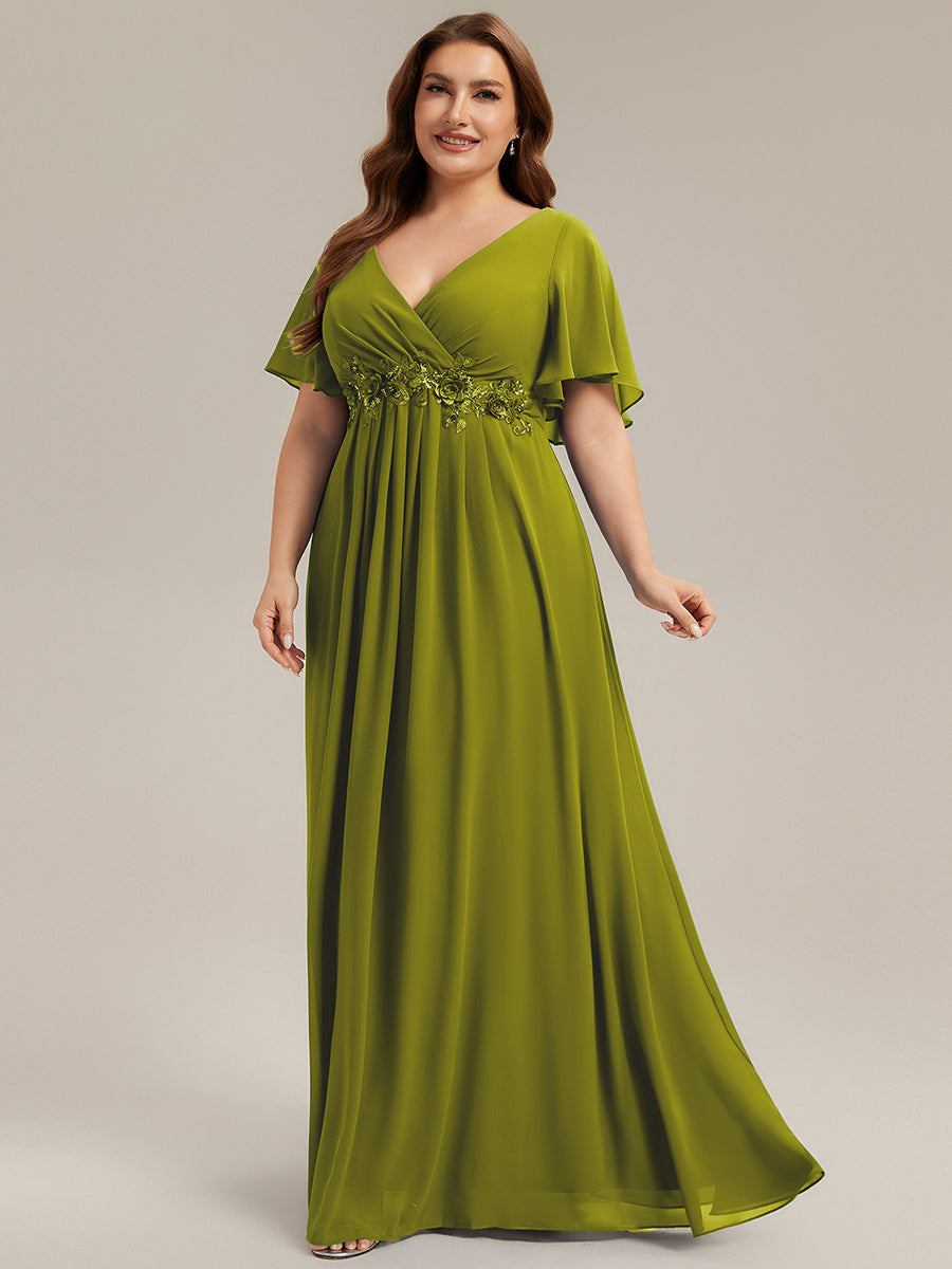 Robe longue à manches à volants décolleté en V profond avec appliques coupe évasée #Couleur_Citron