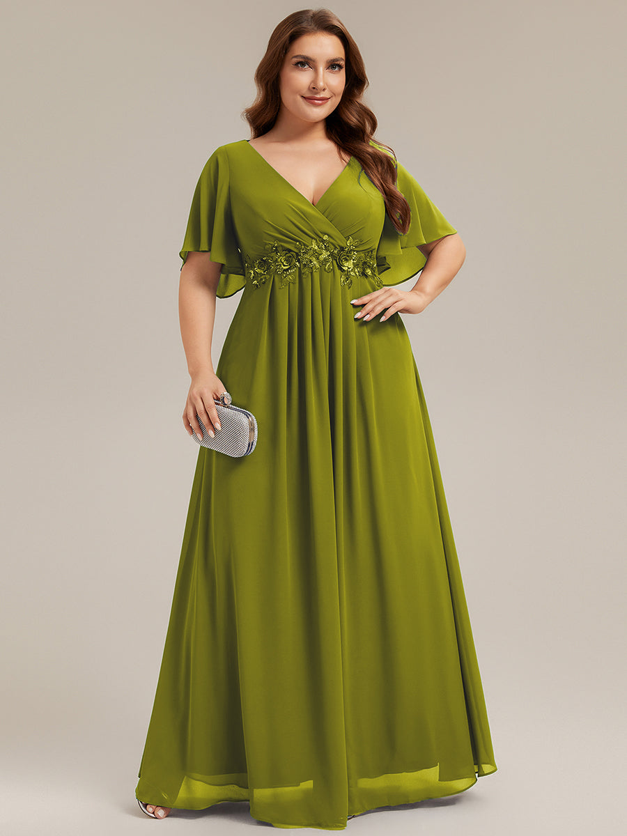 Robe longue à manches à volants décolleté en V profond avec appliques coupe évasée #Couleur_Citron