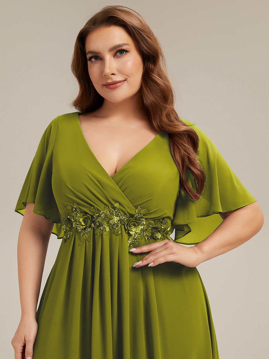 Robe longue à manches à volants décolleté en V profond avec appliques coupe évasée #Couleur_Citron