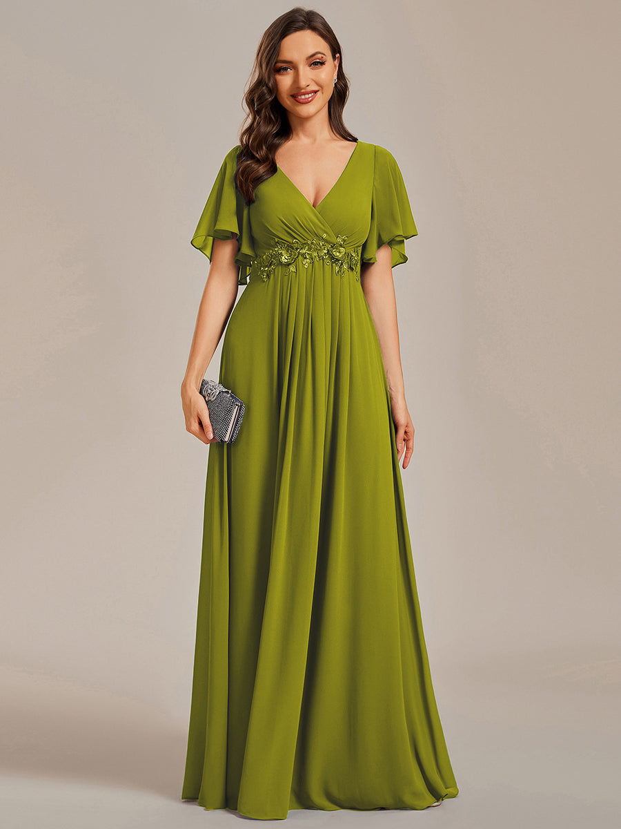 Robe longue à manches à volants décolleté en V profond avec appliques coupe évasée #Couleur_Citron