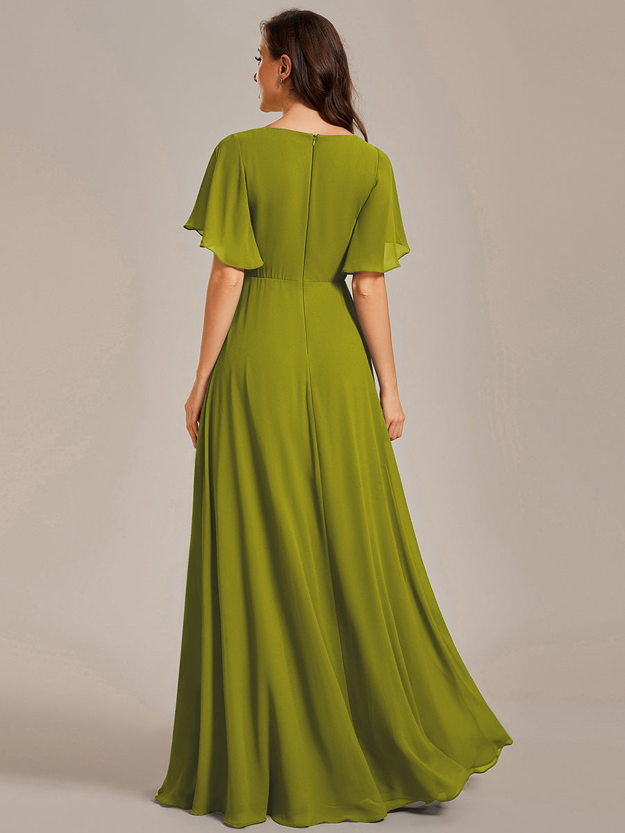 Robe longue à manches à volants décolleté en V profond avec appliques coupe évasée #Couleur_Citron