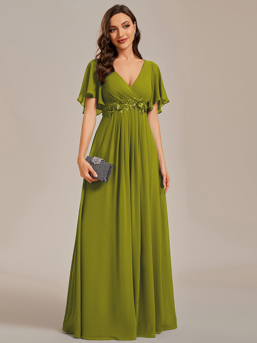 Robe longue à manches à volants décolleté en V profond avec appliques coupe évasée #Couleur_Citron
