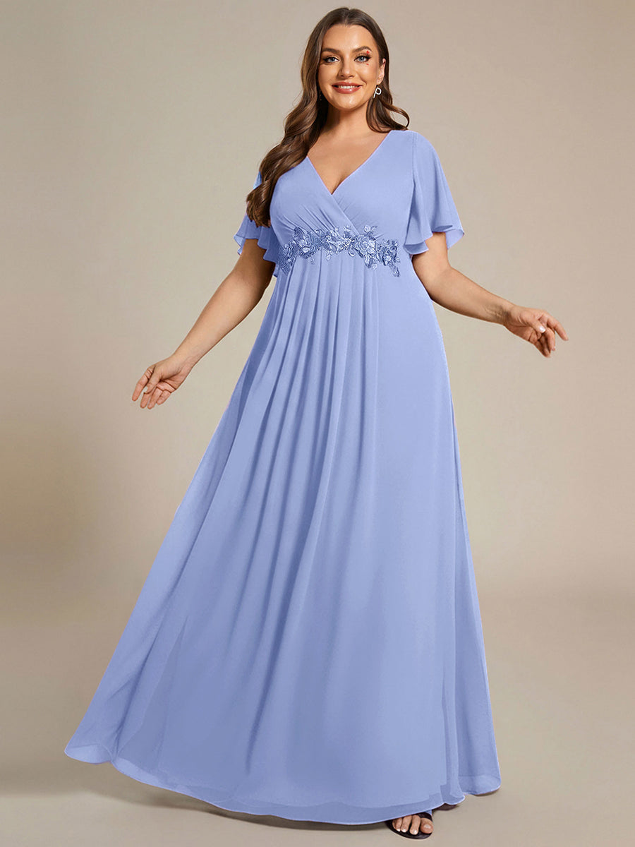 Robe longue à manches à volants décolleté en V profond avec appliques coupe évasée #Couleur_FB