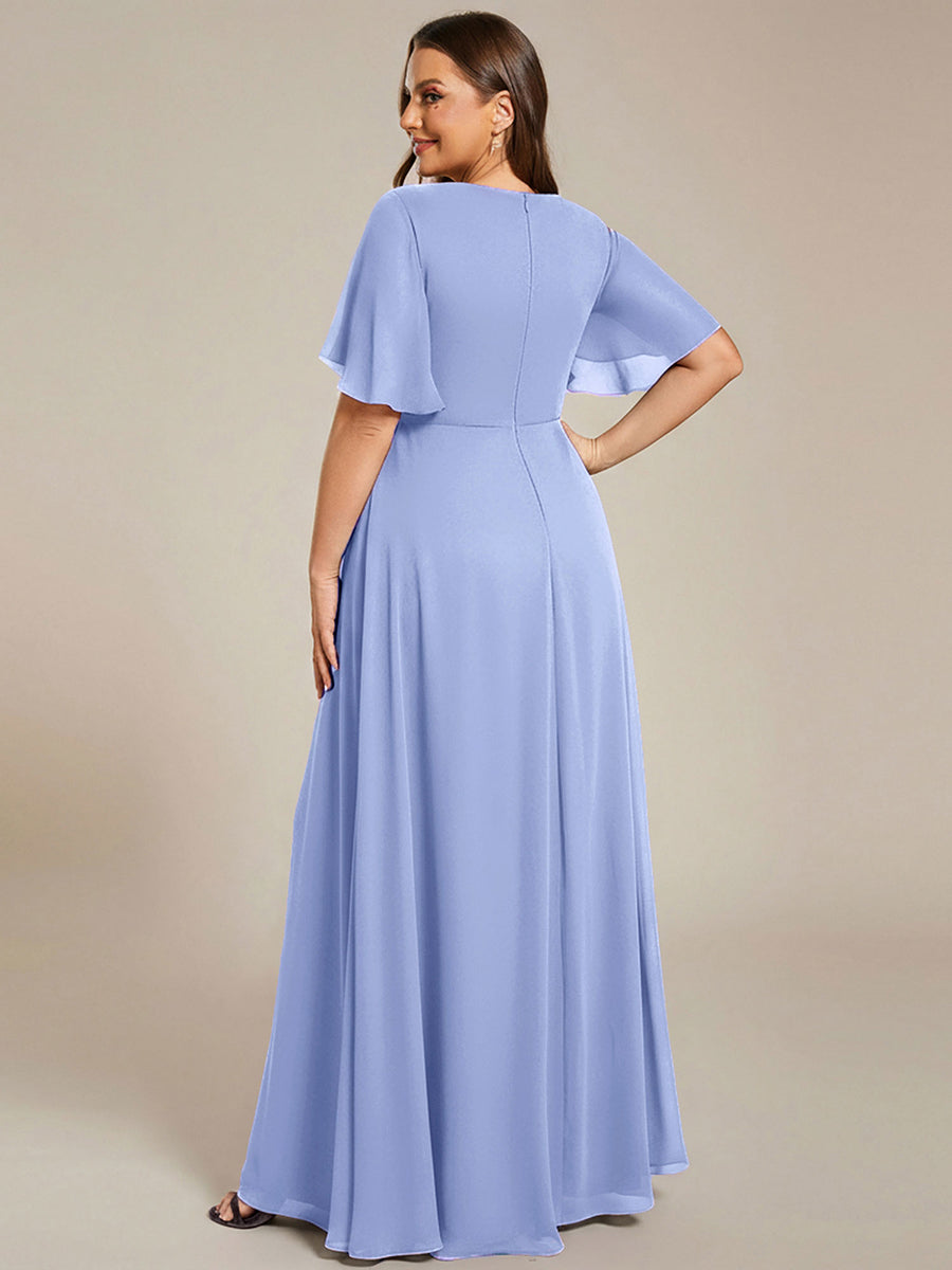 Robe longue à manches à volants décolleté en V profond avec appliques coupe évasée #Couleur_FB