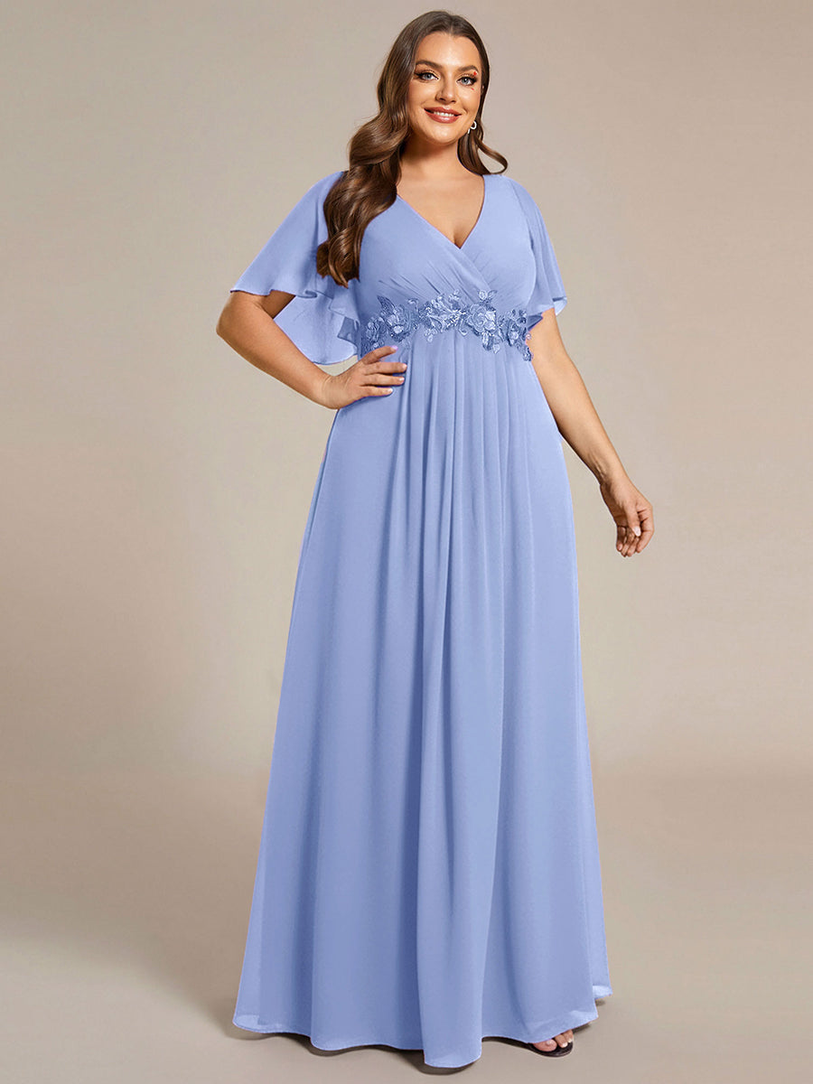 Robe longue à manches à volants décolleté en V profond avec appliques coupe évasée #Couleur_FB