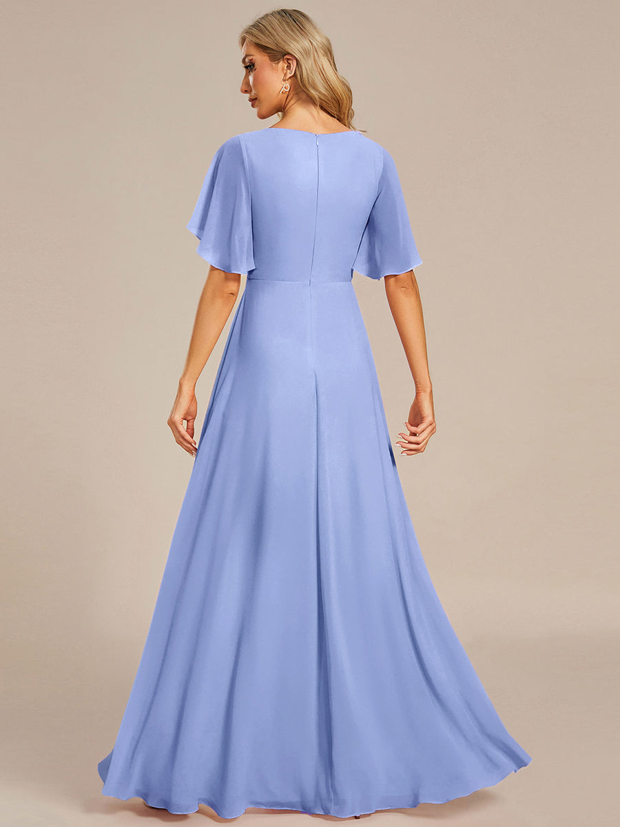 Robe longue à manches à volants décolleté en V profond avec appliques coupe évasée #Couleur_FB