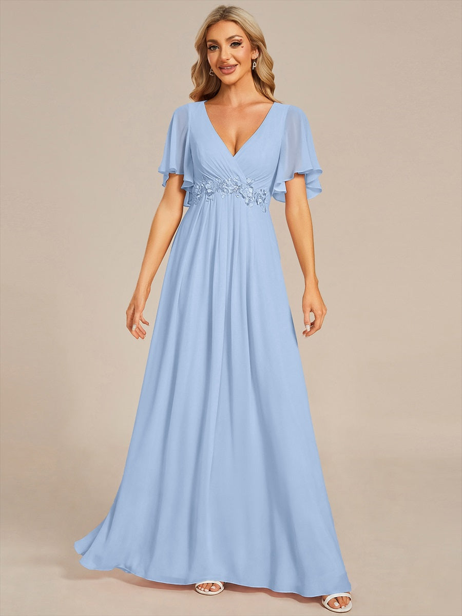 Robe de soirée élégante en mousseline de soie avec manches flottantes#Couleur_Bleu Glace