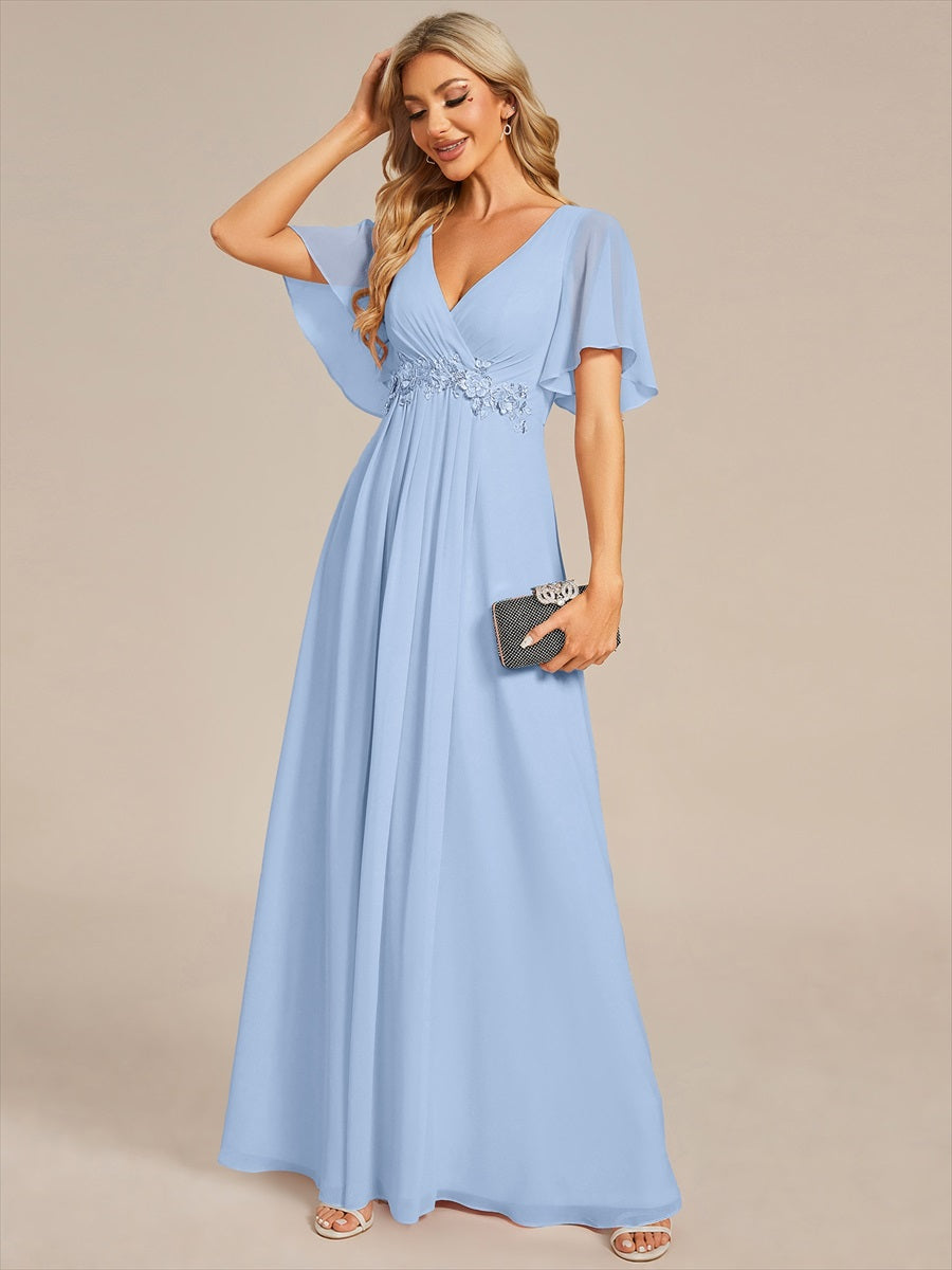 Robe de soirée élégante en mousseline de soie avec manches flottantes#Couleur_Bleu Glace