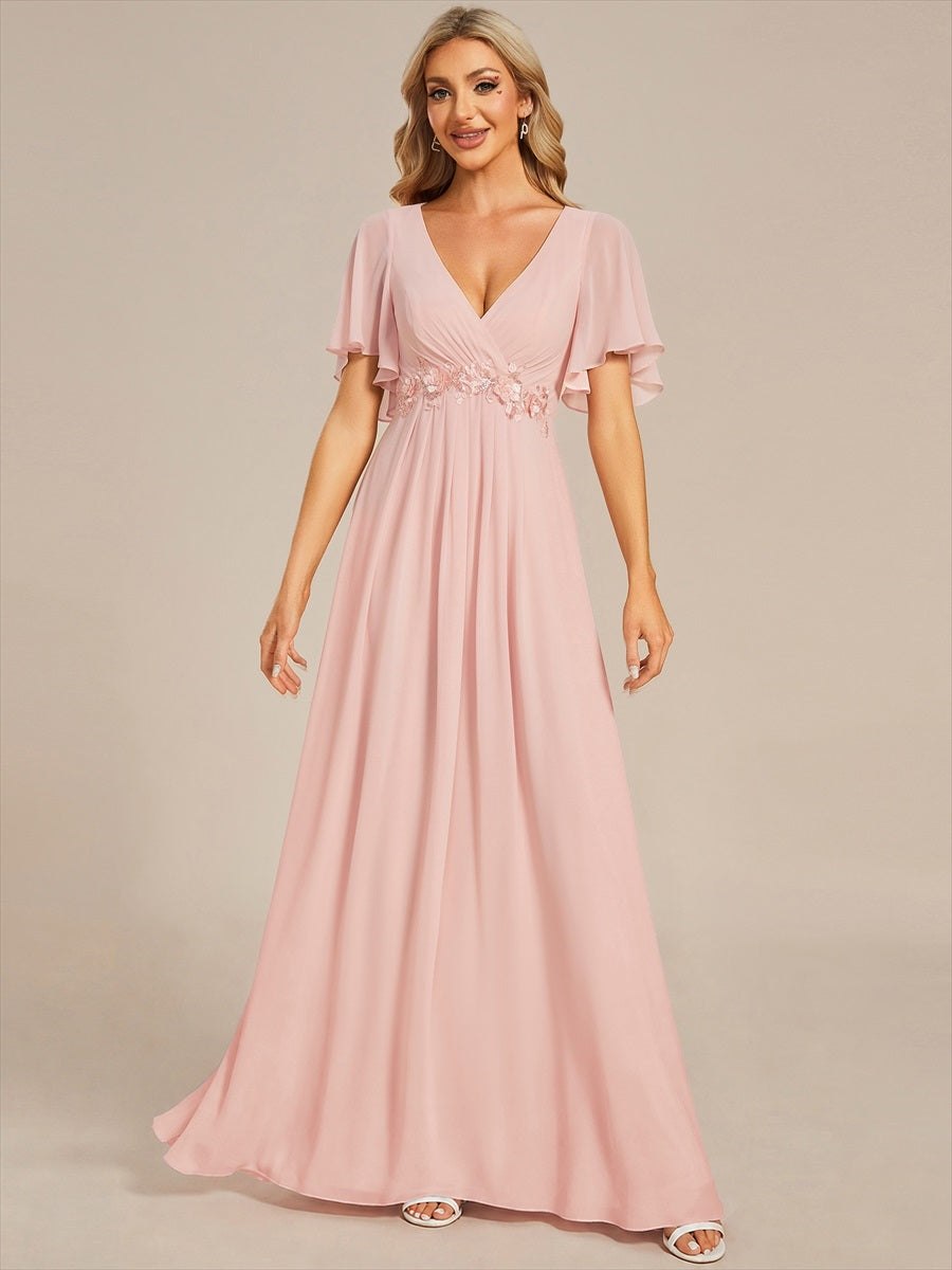 Robe de soirée élégante en mousseline de soie avec manches flottantes#Couleur_Rose