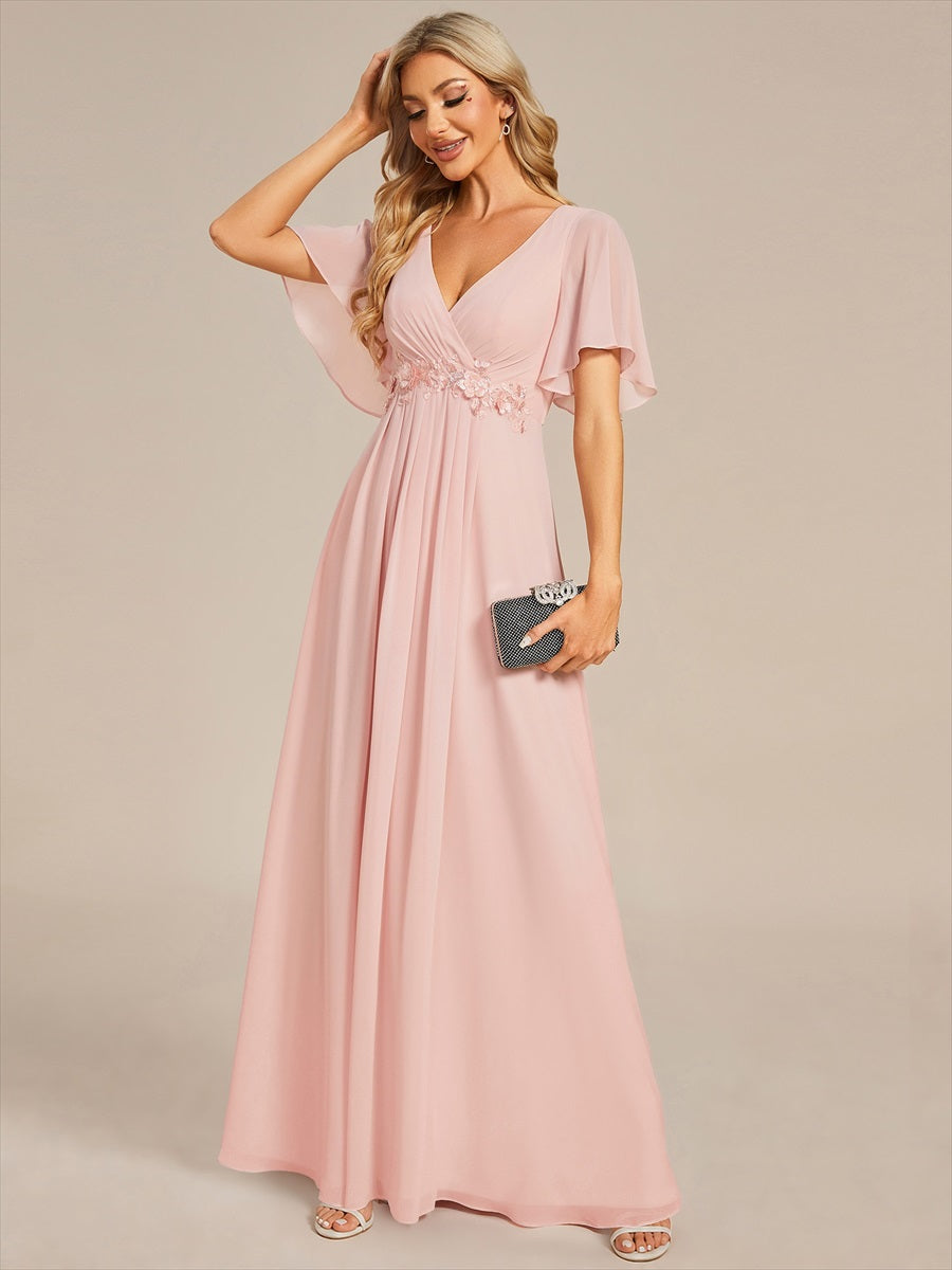 Robe de soirée élégante en mousseline de soie avec manches flottantes#Couleur_Rose