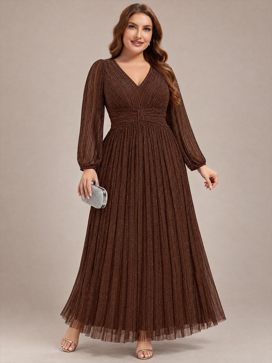 Robe de soirée trapèze à manches longues et taille empire scintillante #Couleur_Marron chocolat