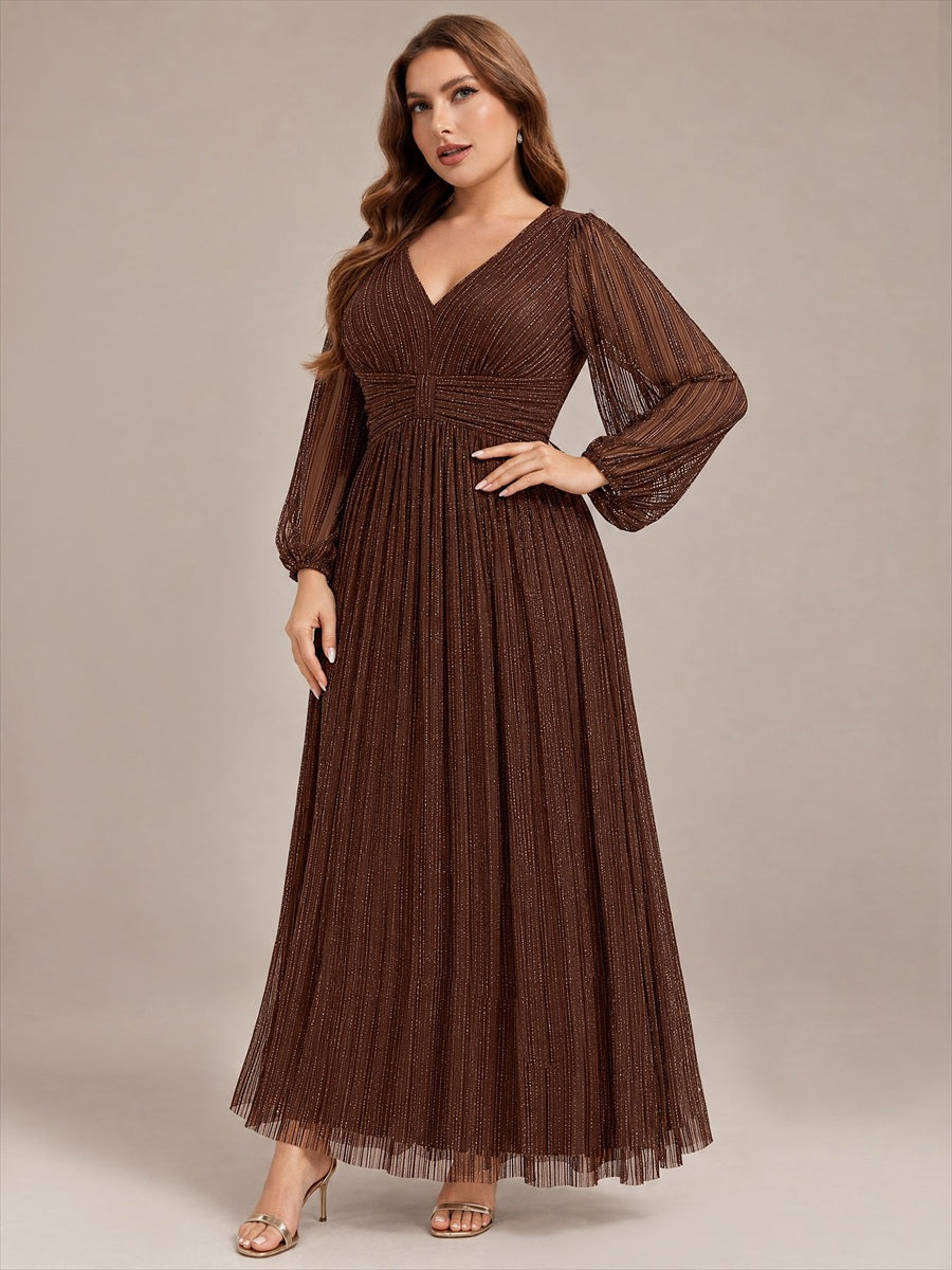 Robe de soirée trapèze à manches longues et taille empire scintillante #Couleur_Marron chocolat