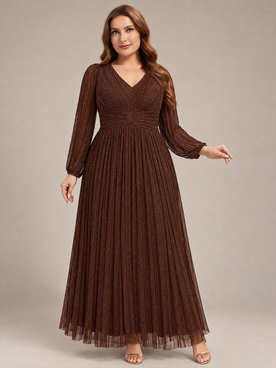 Robe de soirée trapèze à manches longues et taille empire scintillante #Couleur_Marron chocolat
