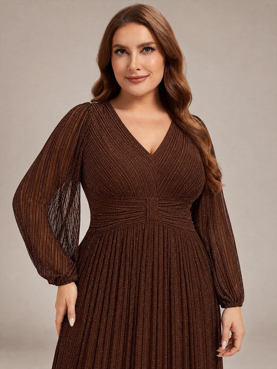 Robe de soirée trapèze à manches longues et taille empire scintillante #Couleur_Marron chocolat