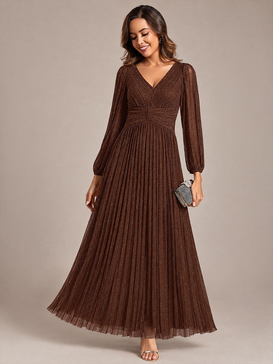 Robe de soirée trapèze à manches longues et taille empire scintillante #Couleur_Marron chocolat