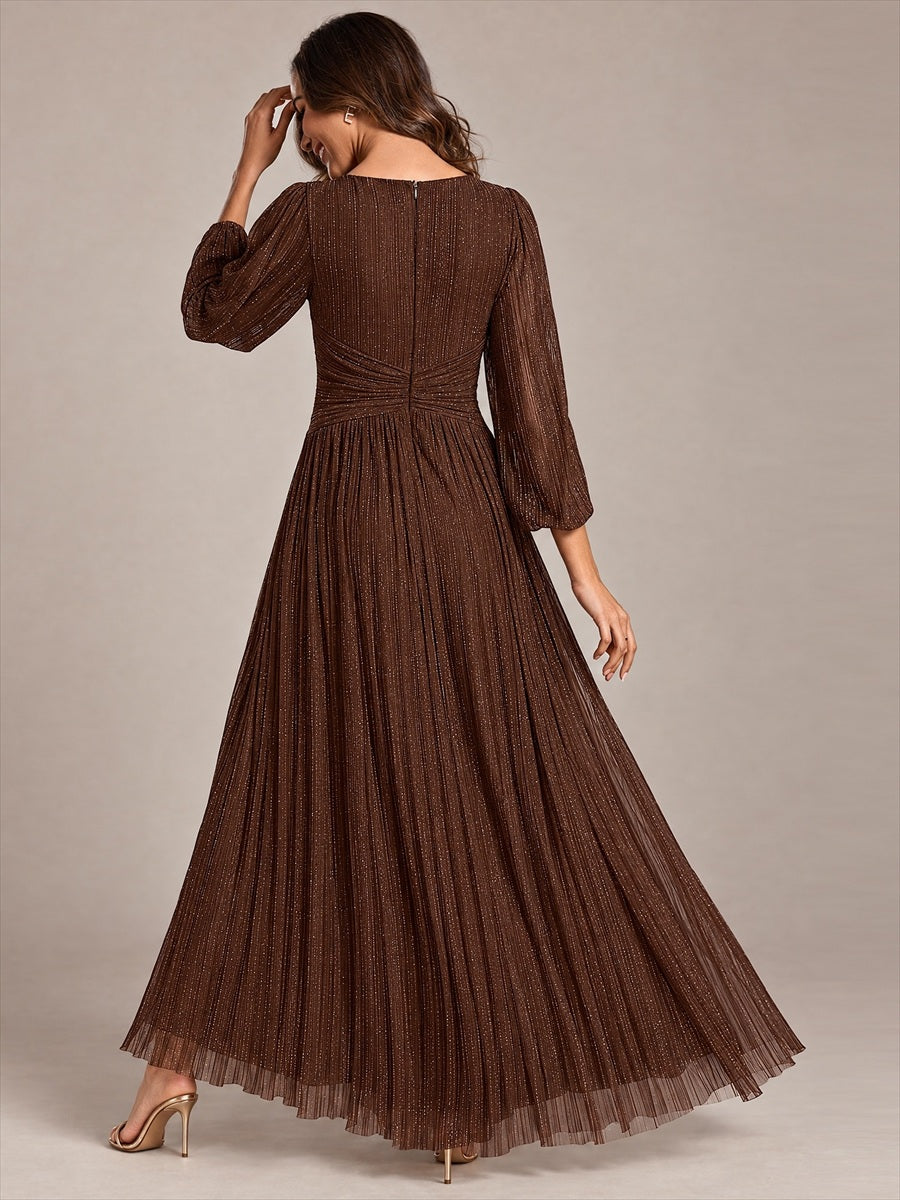 Robe de soirée trapèze à manches longues et taille empire scintillante #Couleur_Marron chocolat
