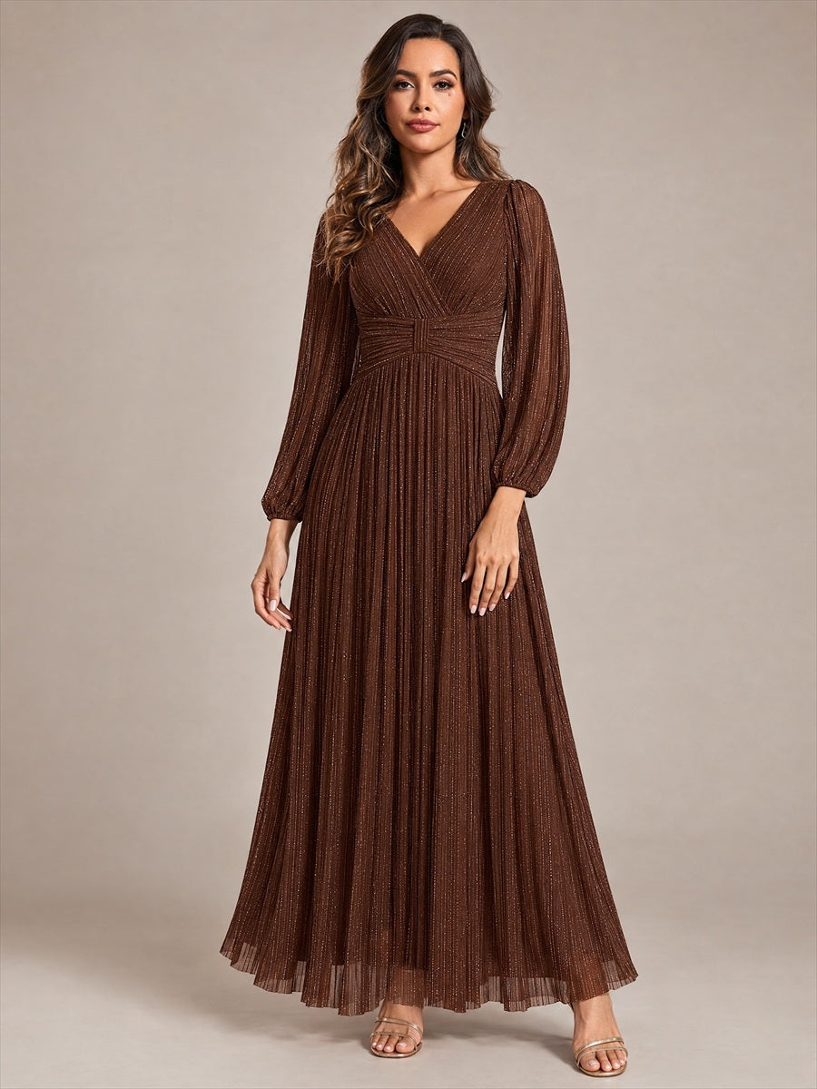 Robe de soirée trapèze à manches longues et taille empire scintillante #Couleur_Marron chocolat