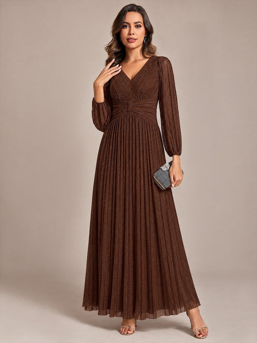 Robe de soirée trapèze à manches longues et taille empire scintillante #Couleur_Marron chocolat